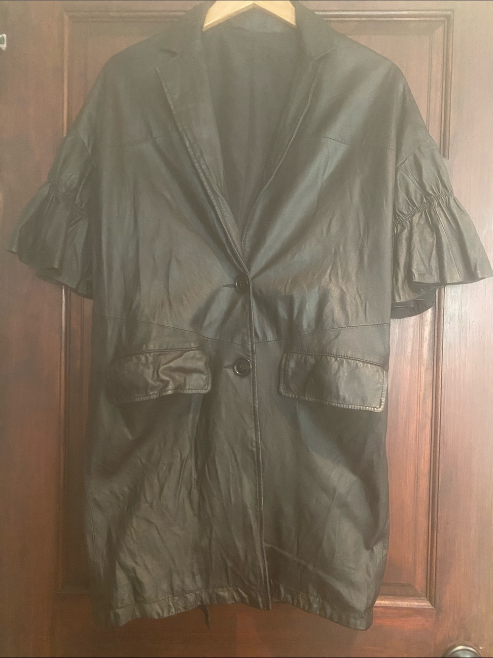 Women's Black Ruffle-Sleeve Leather Jacket